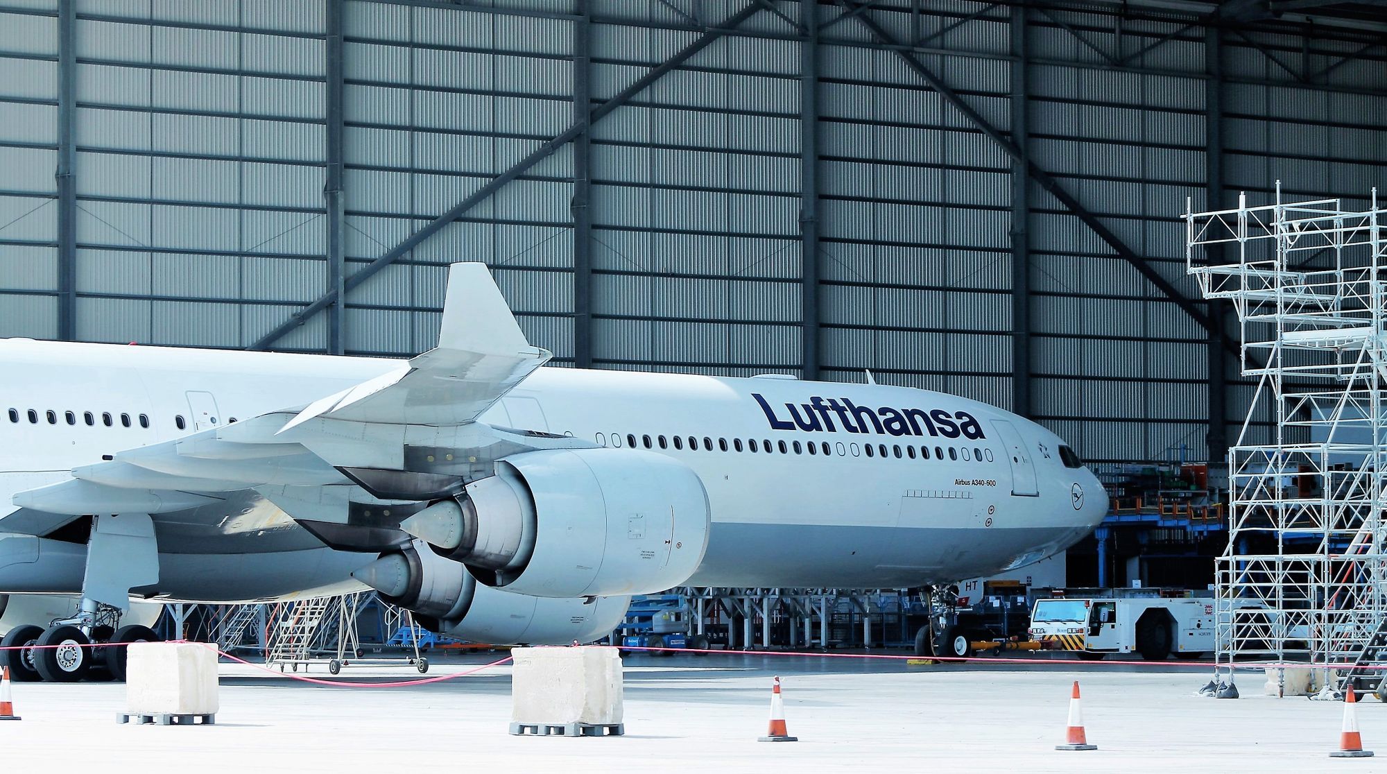 Airliner under maintenance in a hangar